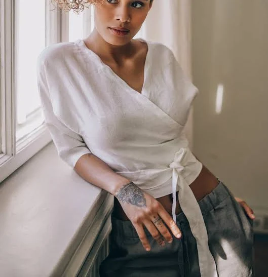 wrap top Women's Cropped Linen Wrap Top VisibleArt $89