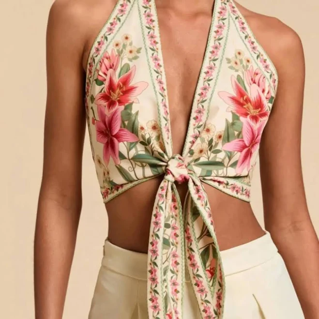 top Women's Floral Print Halter Neck Fitted Sleeveless Blouse TikTok Shop $9.78