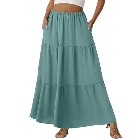 bottoms Women's Flowy A-Line Ruffle Maxi Skirt with Pockets Walmart - mohiass $8.88
