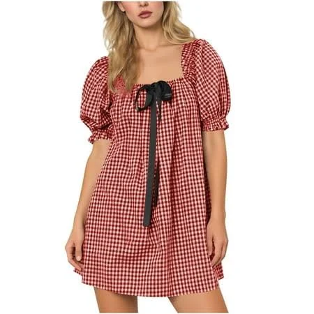 dress Women's Gingham Puff Short Sleeve Bow Tie Square Neck Plaid Mini Dress Walmart - FchengtaiS Co.Ltd $12.59
