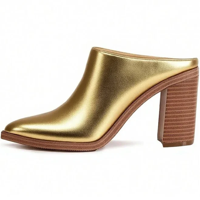 shoes Women's Gold Metallic Block Heel Mules Shoes with Pointed Toe Gold-8.5 FOWT Shoes $99