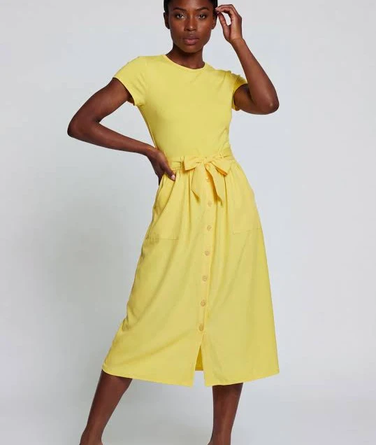 dress Women's Half Button Front Midi Dress with Tie Waist Belt Rainbow Shops $12.99