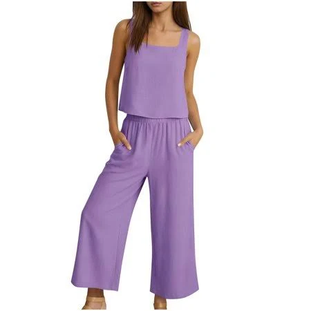 two piece set Women's Linen Sleeveless Tank Top and Cropped Wide Leg Pant Set Walmart - UPPADA Fashion $20.49