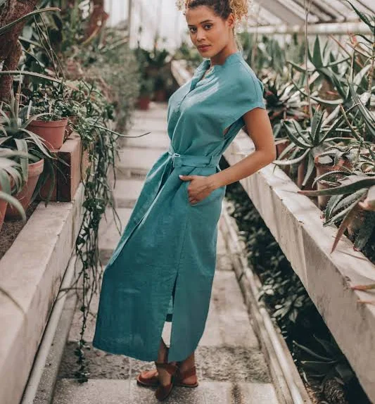 dress Women's Relaxed Linen Midi Dress with Tie Waist VisibleArt $130