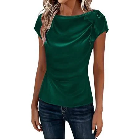 top Women's Satin Boat Neck Twist Waist Fitted Blouse Walmart - YeweiCloth $11.99
