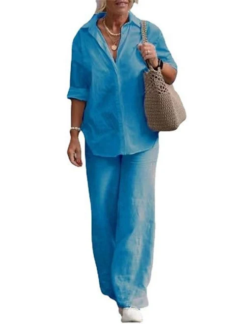 linen outfits Women's Shirt Cotton Linen Sets Two Piece Sets Long Sleeve Long Pant Lapel Pure Color Buttons Simple Casual Comfort Daily Home Street Blue Black Pink LightInTheBox $33.99
