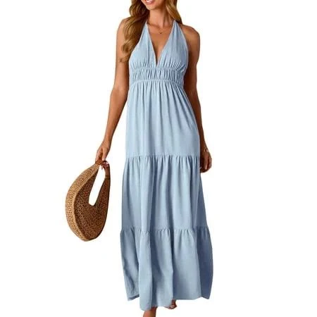 dress Women's Sleeveless Halter Flowy Maxi Sundress with Layered Ruffles Walmart - Kvture $32.99