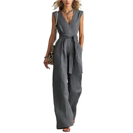 jumpsuit Women's Sleeveless V-Neck Wide Leg Belted Jumpsuit Walmart - Fuwa Trading Co. Ltd $27.99