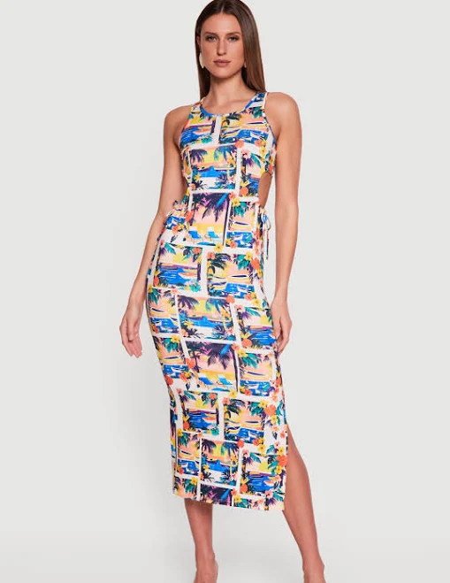 sundress Women's Tropical Print Midi Dress with Side Slit Rainbow Shops $16.99