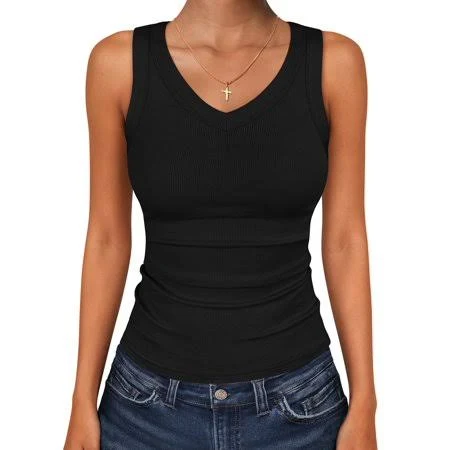 top Women's V-Neck Ribbed Knit Slim Fitted Tank Tops Walmart - ANRABESS FASHION $10.99