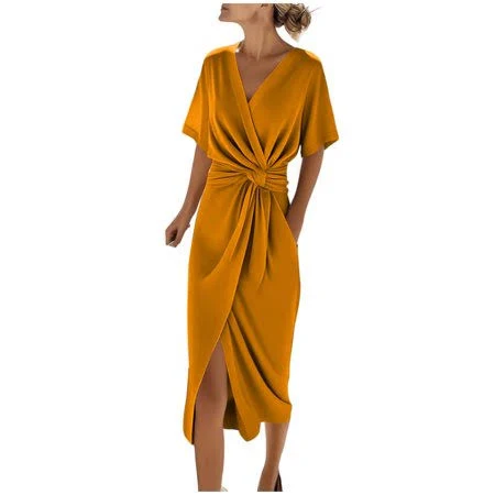 dress Women's V-Neck Short Sleeve Twist Knot Waist Wrap Midi Dress with Slit Walmart - Ruimatai Official Store $27.99