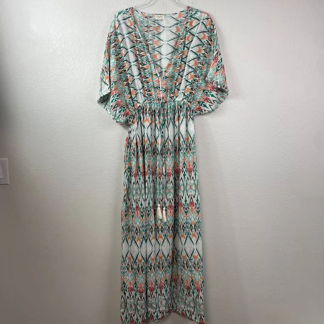 dress World Market Womens Ikat Print Maxi Dress L/xl Teal Orange V-neck eBay - three_jays33 $29.95