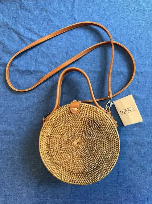 bag Woven Handbag Purse Boho Round Leather Strap Tan NWT crossbody Style eBay $22