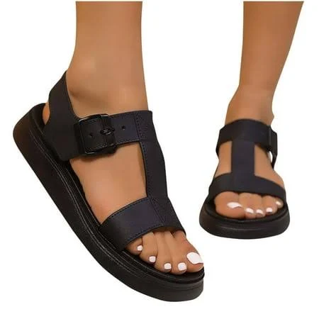 shoes Xfvqtps Flat Sandals for Women Thick Sole Adjustable Buckle Open Toe Solid Color Beach Summer Sandals Walmart - Xfvqtps Fashion $16.99