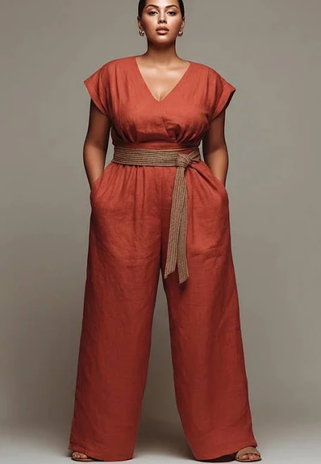 jumpsuit Xpluswear Plus Size V-Neck Short Sleeve Wrap Linen Jumpsuit with Pockets Xpluswear $52.99