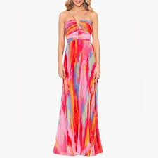 dress XScape Abstract Print Pleated Chiffon Halter Neckline Sleeveless Maxi Dress Poshmark $120