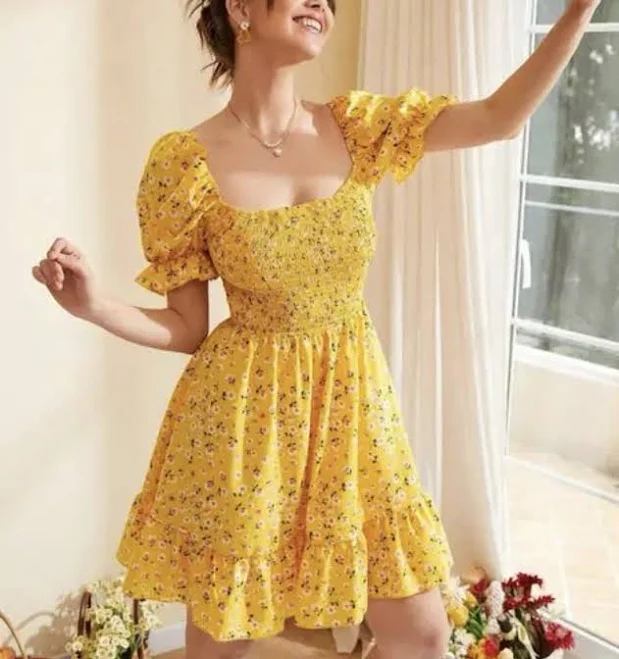 dress Yellow White Floral Mini Dress Square Neck Puff Sleeve Ruffle Smocked eBay $8.1