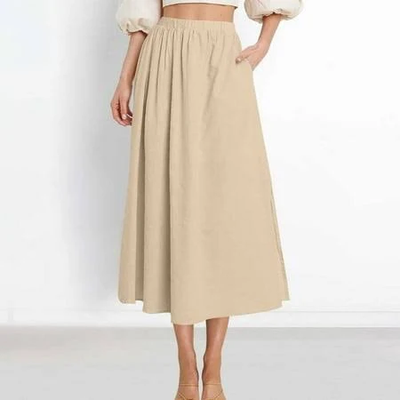 bottom YUTK Women's Elastic High Waisted Midi Skirts with Pockets Trendy A-Line Flowy Swing Basic Skirt Beige XL Walmart - YUTK $9.99