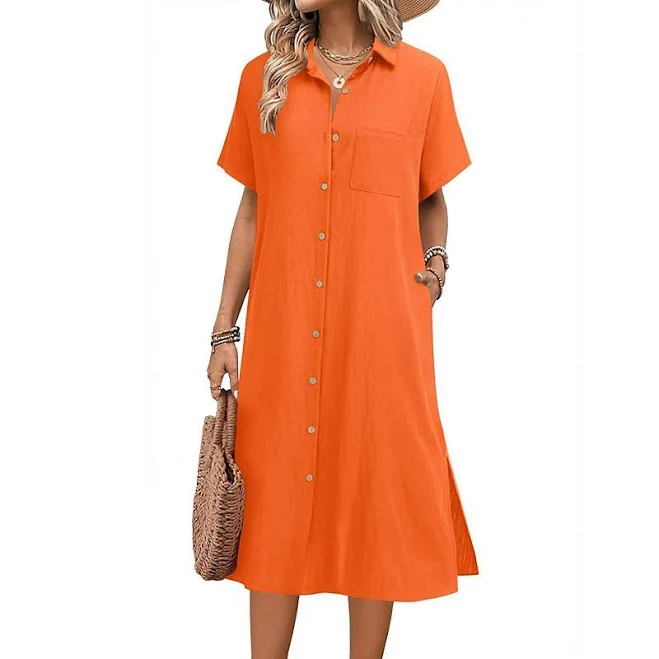 dress Zeagoo Women's Casual Midi Short Sleeve Button Down Linen Shirt Dress Beach Cover Up with Pocket, Size: Medium, Orange Kohl's $40.99