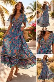 dress Zesica Maxi Wrap Dress XL Floral Boho Teal Pink Tribal Cottagecore Brunch Summer eBay $24.99