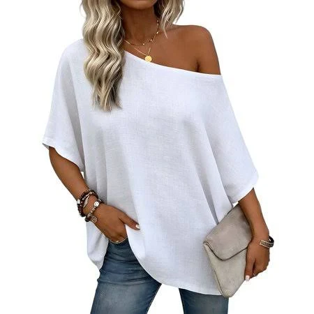 top Zynoxe Linen Blouses for Women Trendy Solid Color One Shoulder Summer Tops Casual Short Sleeve Tops for Women Walmart - youjiaa $9.89