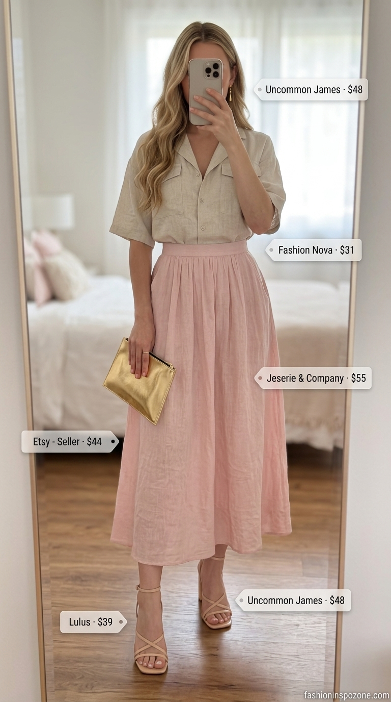 Quiet luxury linen summer outfits for women 2026: Blush pink linen skirt, white tank, and gold heels for weddings.