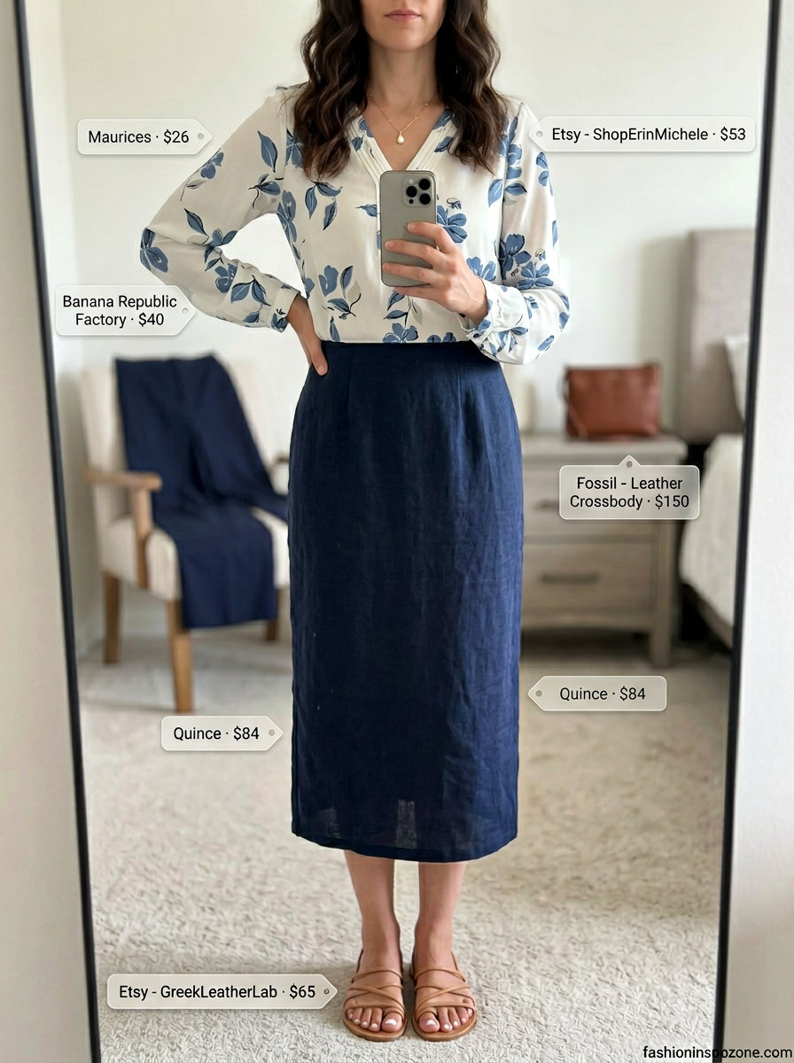 Quiet luxury linen summer outfits for women 2026: Navy floral print blouse with linen culottes & tan sandals.