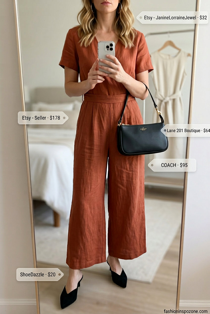 Quiet luxury linen summer outfits for women 2026: Terracotta linen jumpsuit with black heels for evening events.