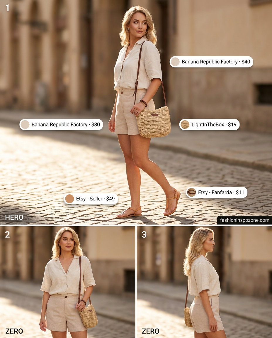 Quiet luxury linen summer outfits for women 2026: Sand linen shorts, white blouse, and raffia bag for casual days.