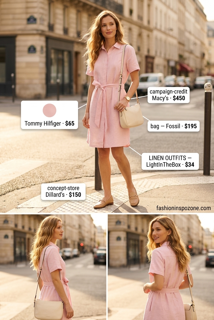 Quiet luxury linen summer outfits for women 2026: Blush pink linen shirt dress with loafers and crossbody bag.