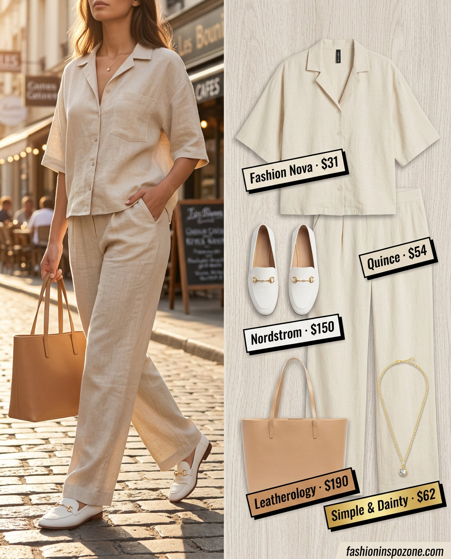 Quiet luxury linen summer outfits for women 2026: Beige linen shirt dress with white loafers and tote bag.