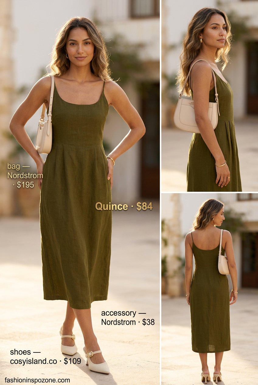 Quiet luxury linen summer outfits for women 2026: Olive green linen midi dress with cream mules.