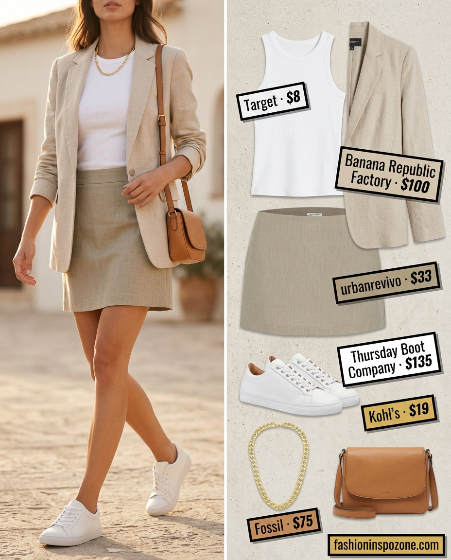 Quiet luxury linen summer outfits for women 2026: Khaki linen mini skirt and oversized blazer.