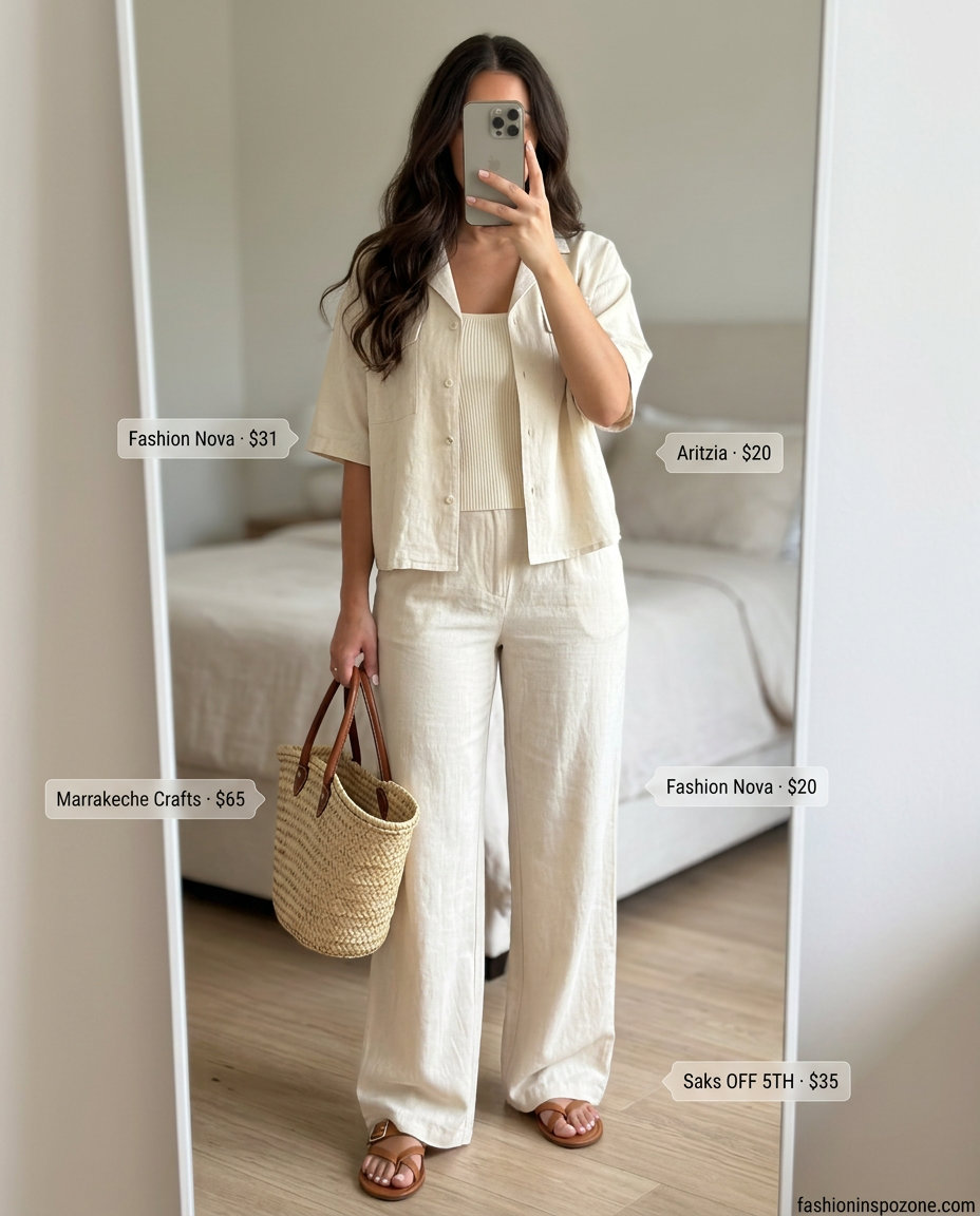 Quiet luxury linen summer outfits for women 2026: Cream linen set with beige tank and straw tote for seaside.