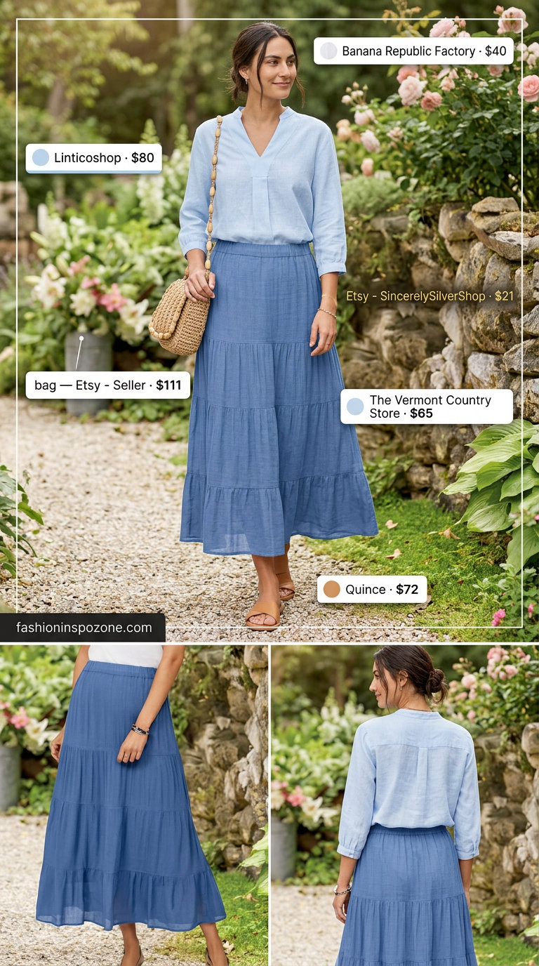 Quiet luxury linen summer outfit 2026: Sky blue linen maxi skirt with white button-down shirt and tan slides.