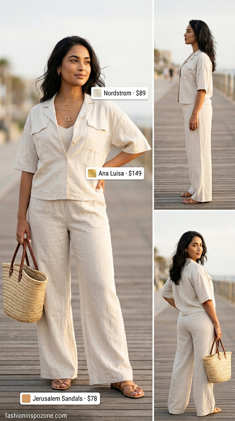 Quiet luxury linen summer outfit 2026: Ecru linen pants and shirt set with tan slides.