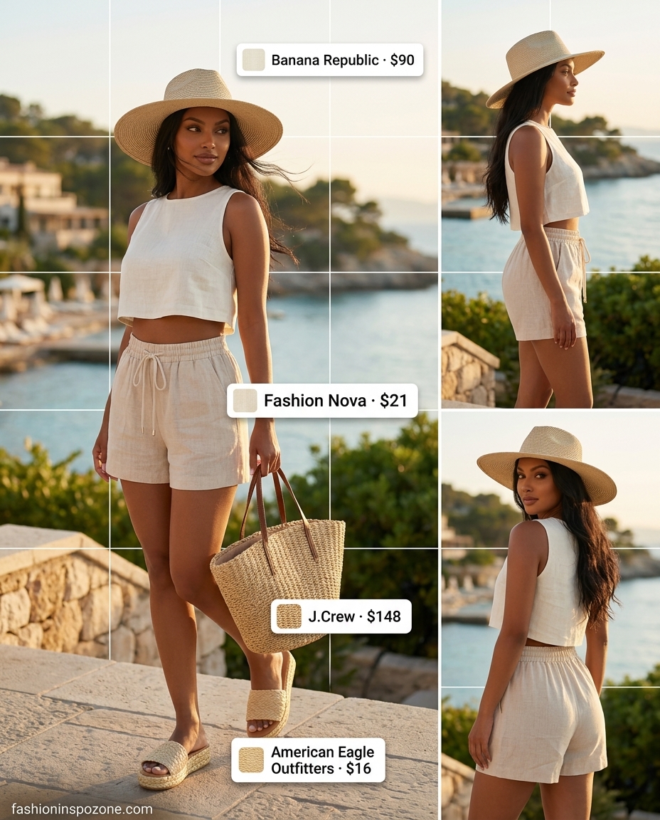 Quiet luxury linen summer outfit 2026: Ivory linen shorts and bandeau set with beige shirt.