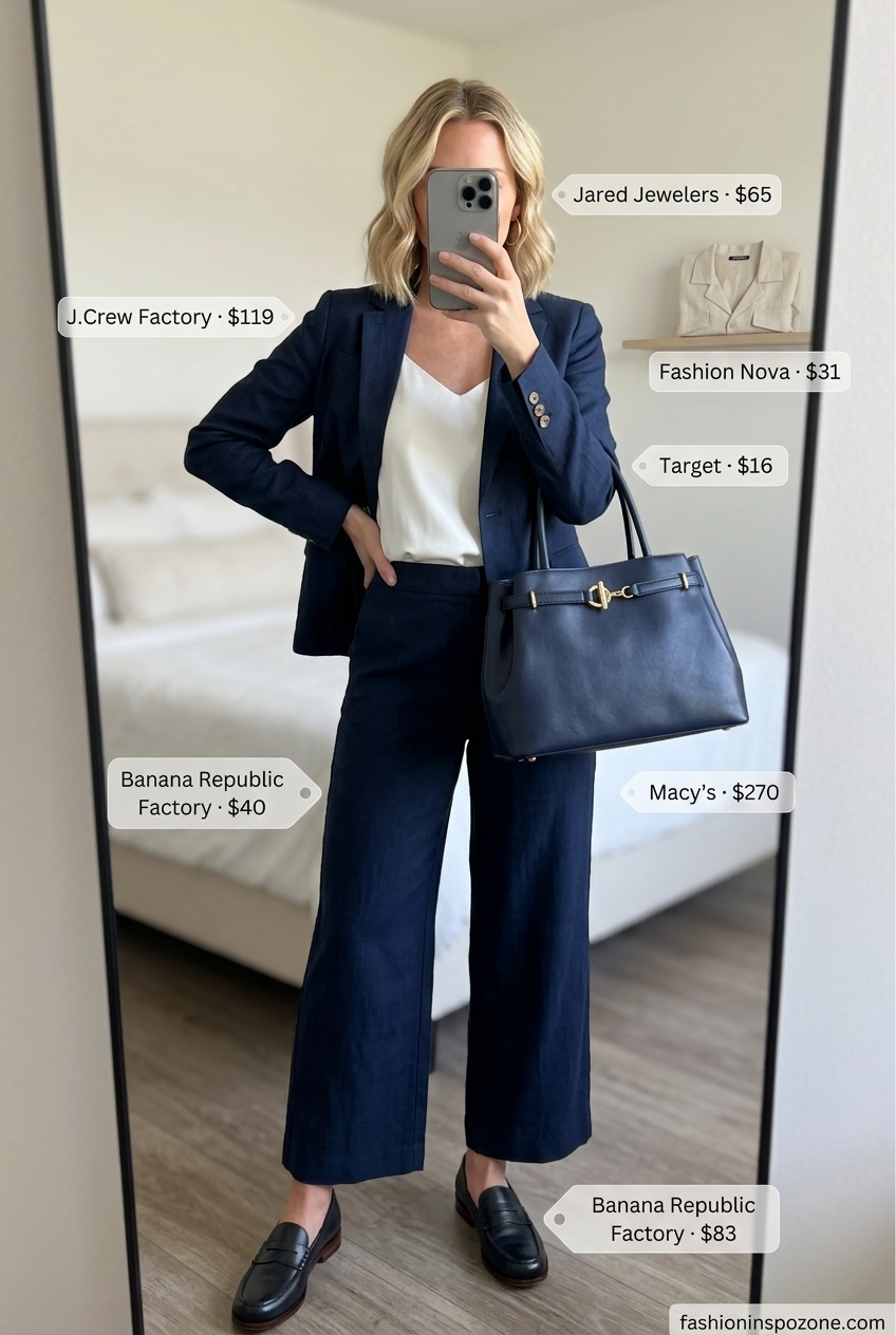 Quiet luxury linen summer outfit 2026: Navy linen blazer and cropped pants with white camisole.