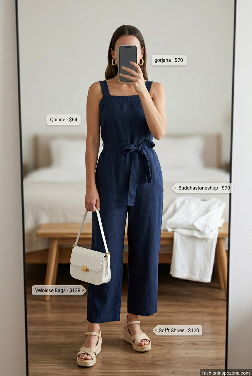 Quiet luxury linen summer outfit 2026: Navy wide-leg linen jumpsuit with espadrilles and gold hoops.