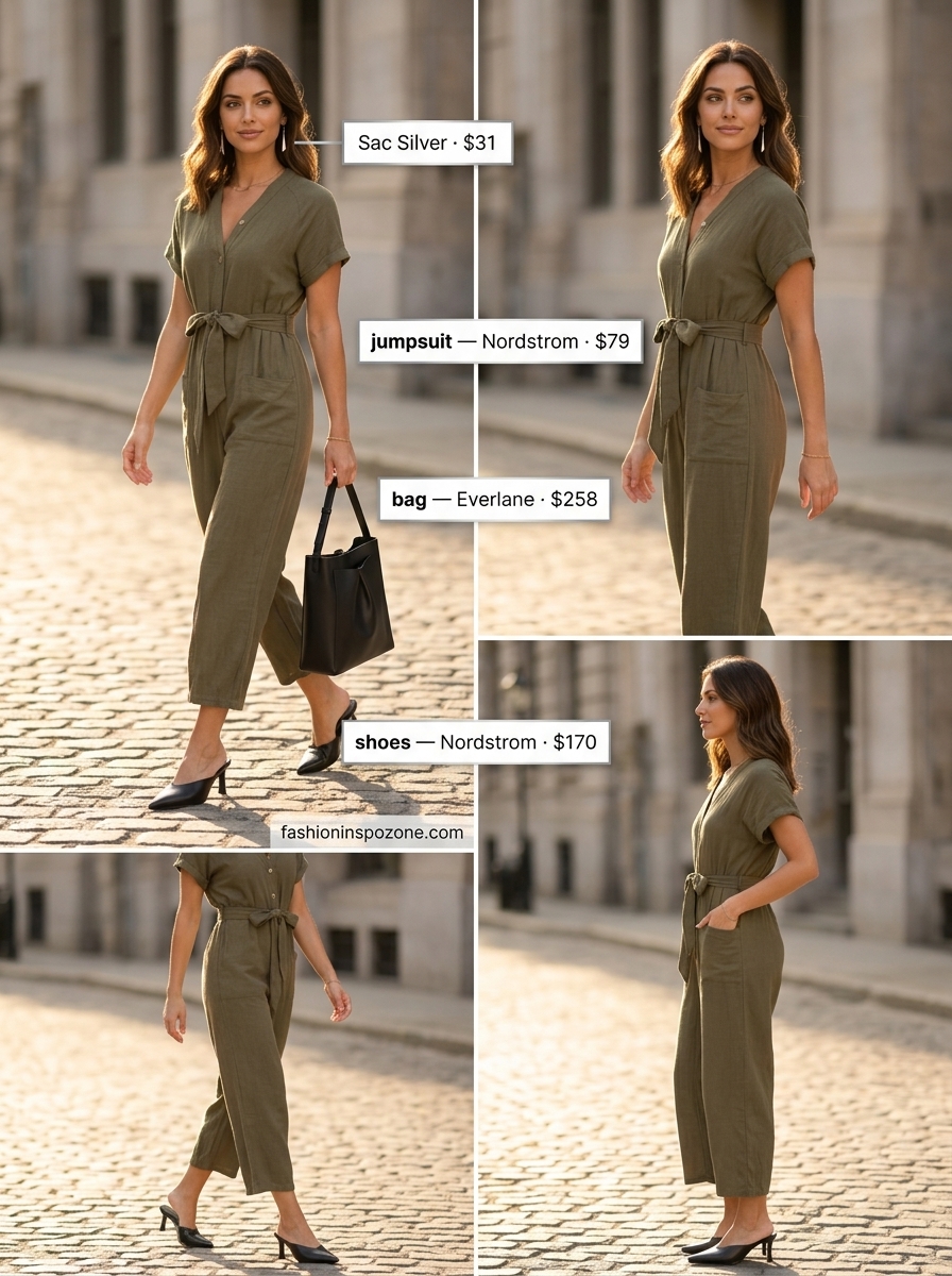 Quiet luxury linen summer outfit 2026: Olive green linen jumpsuit with black mules and silver earrings.
