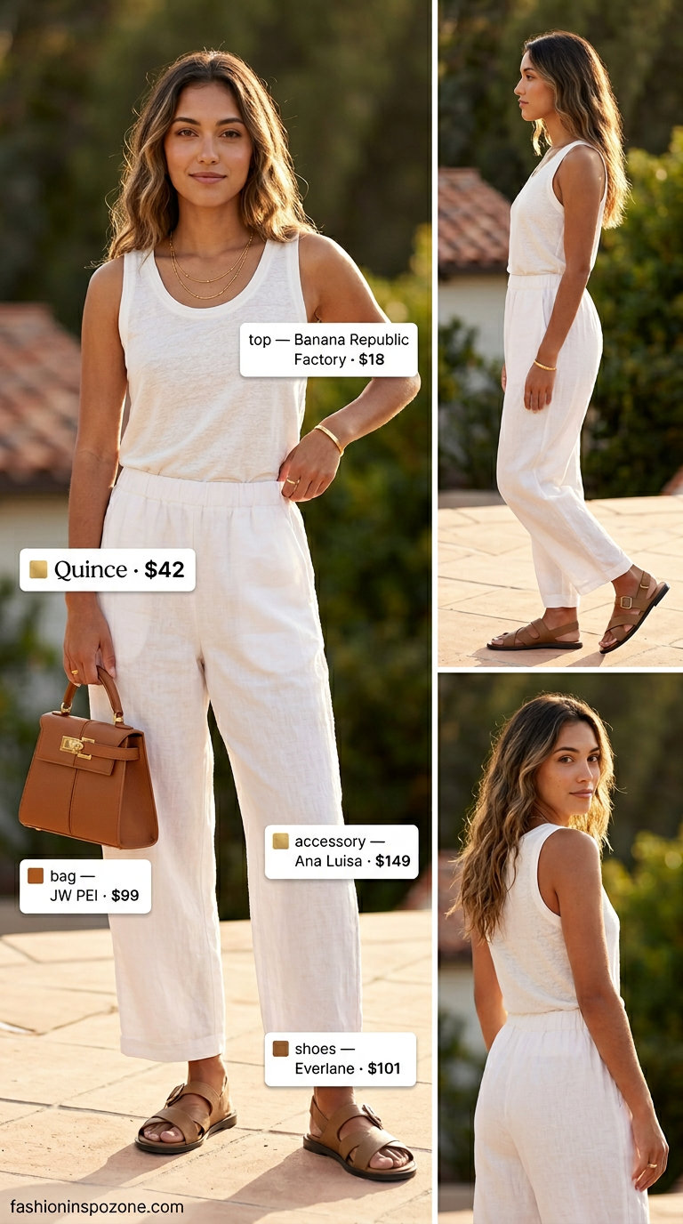 Quiet luxury linen summer outfit 2026: Sage green linen trousers with cream tank and cognac bag.