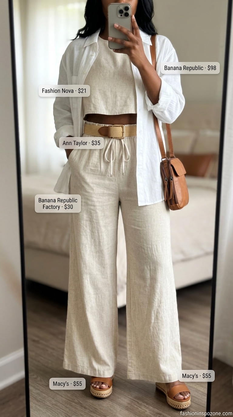 Quiet luxury linen summer outfit 2026: White linen shorts with oversized shirt and espadrilles.