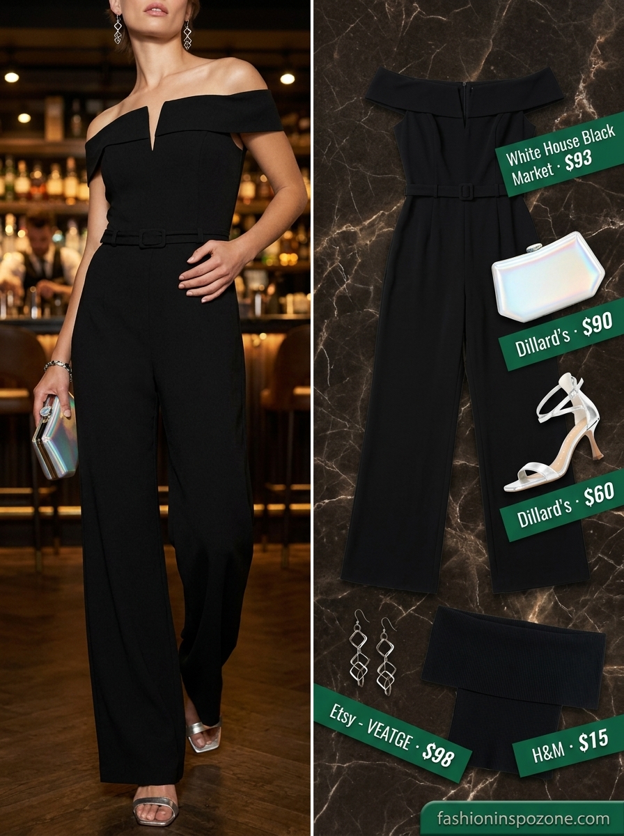 Romantic summer off-shoulder outfits 2026: Black off-shoulder jumpsuit for evening elegance.