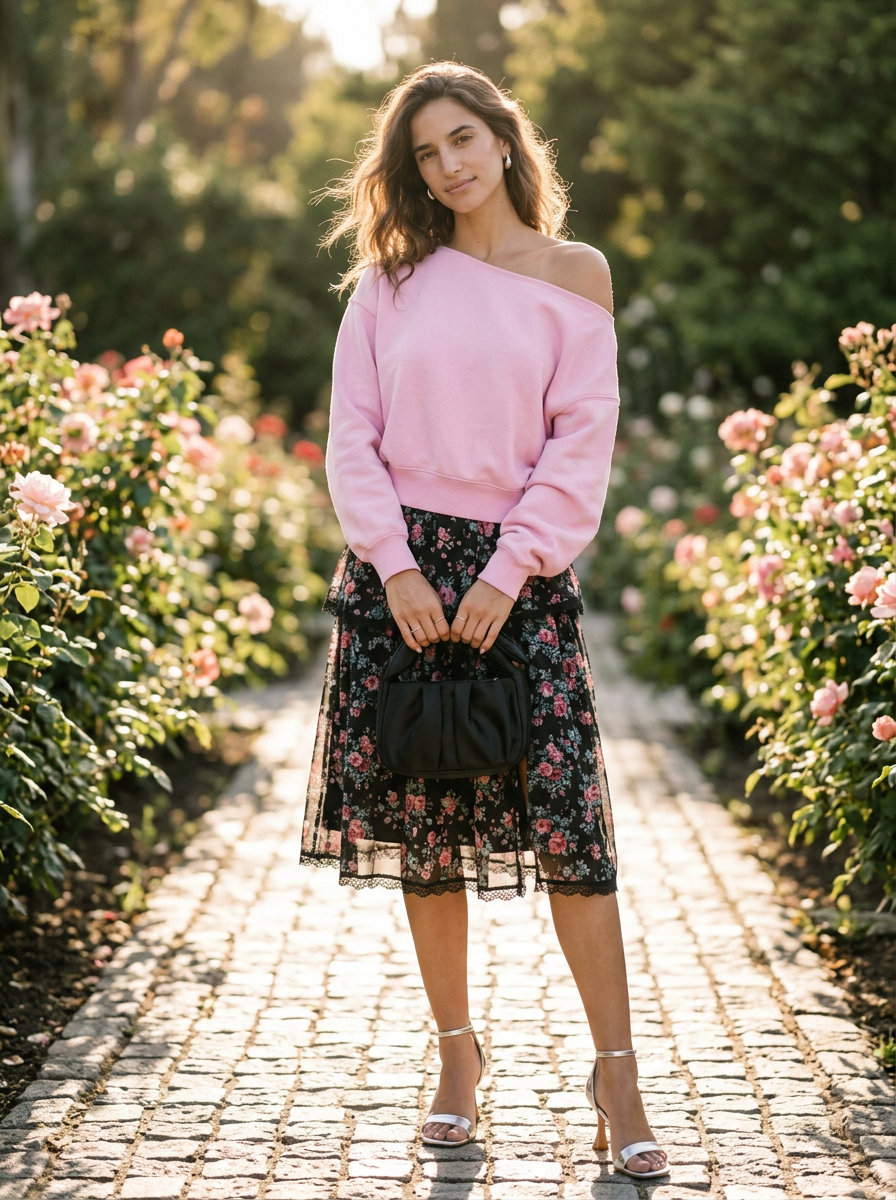 Romantic summer off-shoulder outfits 2026: Blush pink top, black maxi skirt for romantic dinner.