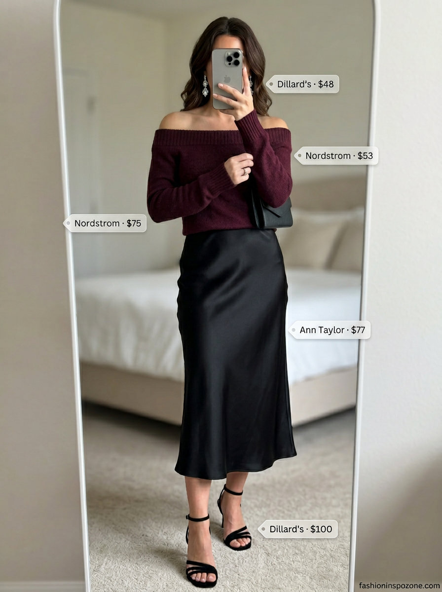 Romantic summer off-shoulder outfits 2026: Burgundy knit top, black satin skirt for twilight romance.