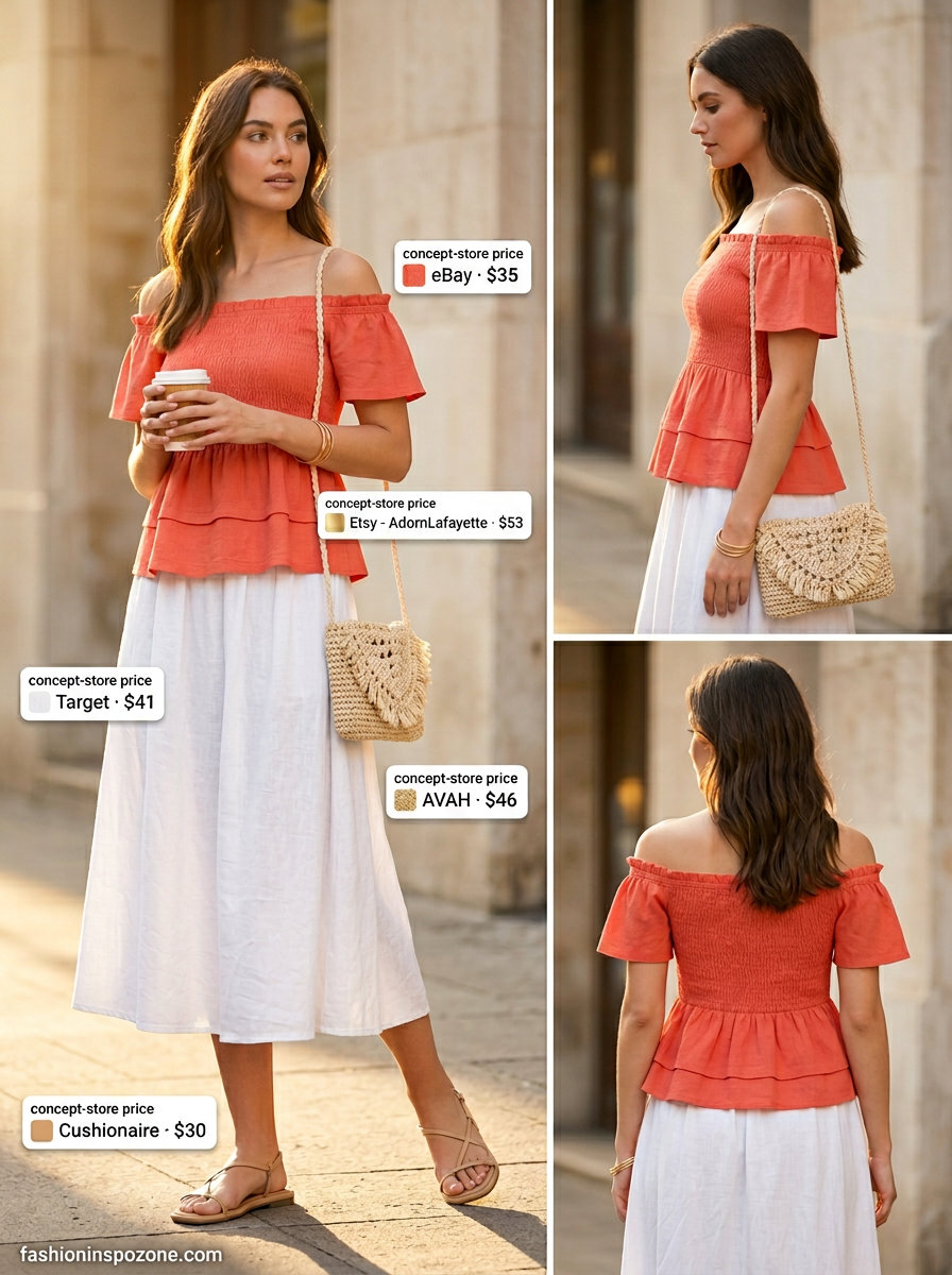 Romantic summer off-shoulder outfits 2026: Coral peasant top, white midi skirt for casual date night.