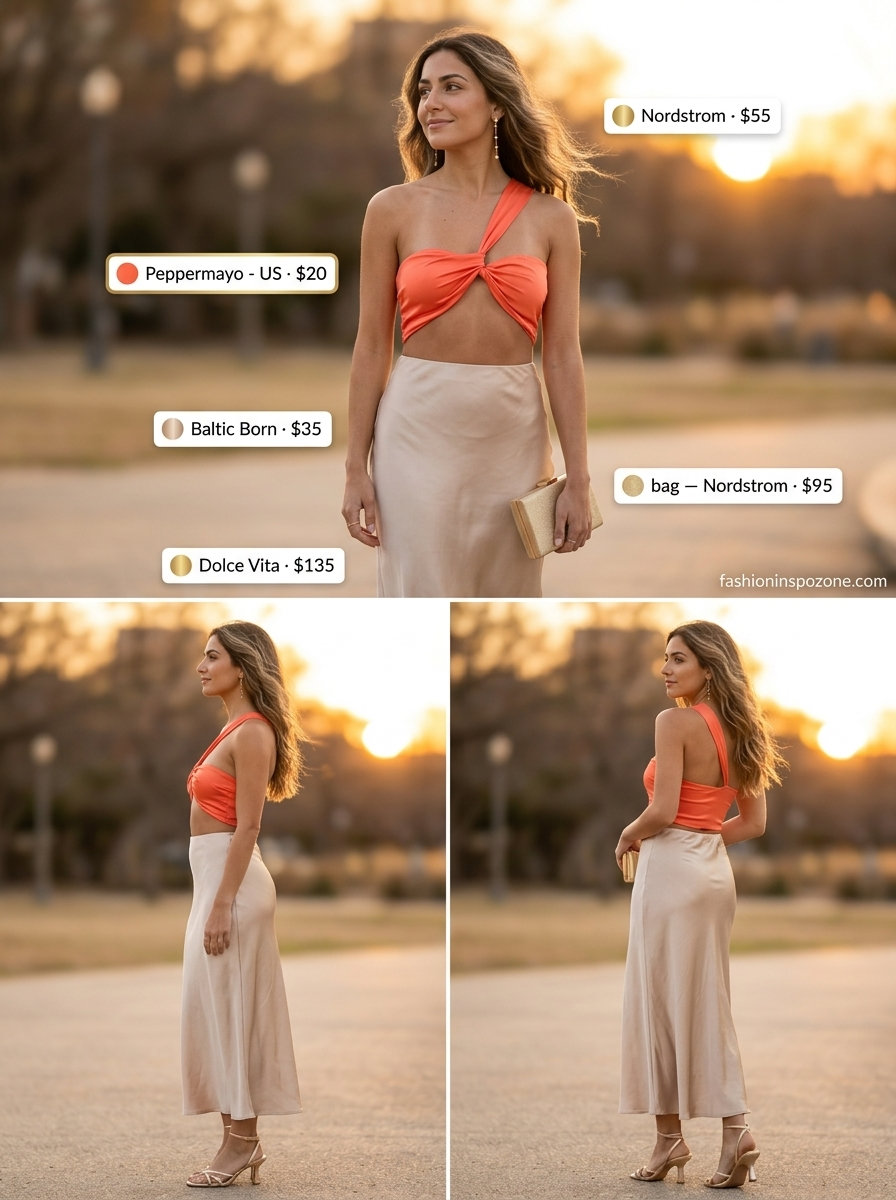 Coral sunset off-shoulder top with champagne satin skirt, gold sandals for romantic summer evening outfits 2026.