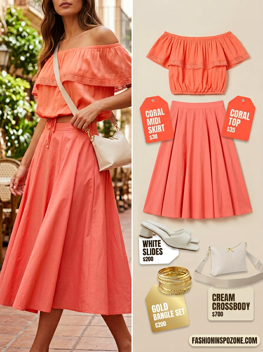 Romantic summer off-shoulder outfits 2026: Coral off-shoulder top, midi skirt for summer party.