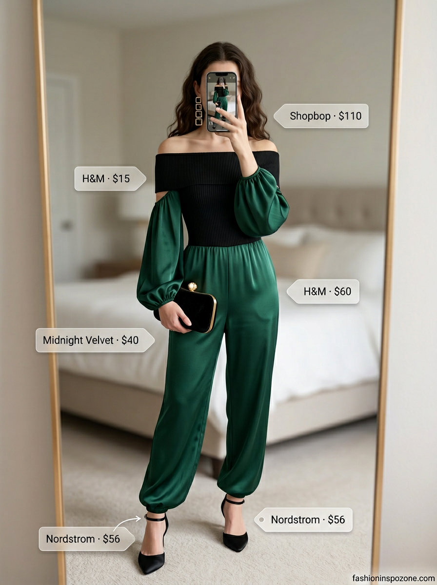 Emerald green off-shoulder jumpsuit with black heels for romantic summer off-shoulder outfits 2026.