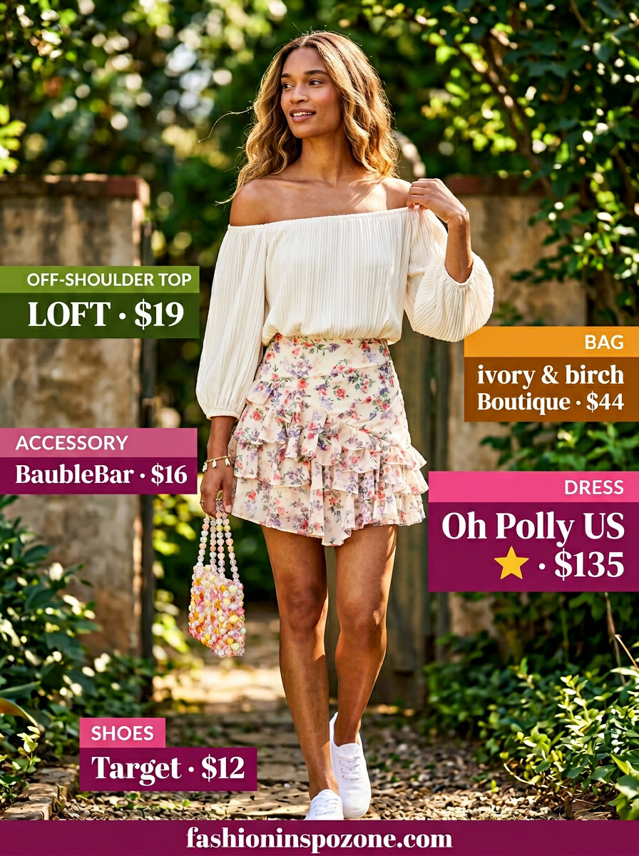 Romantic summer off-shoulder outfits 2026: Floral tiered mini dress, canvas sneakers for date.